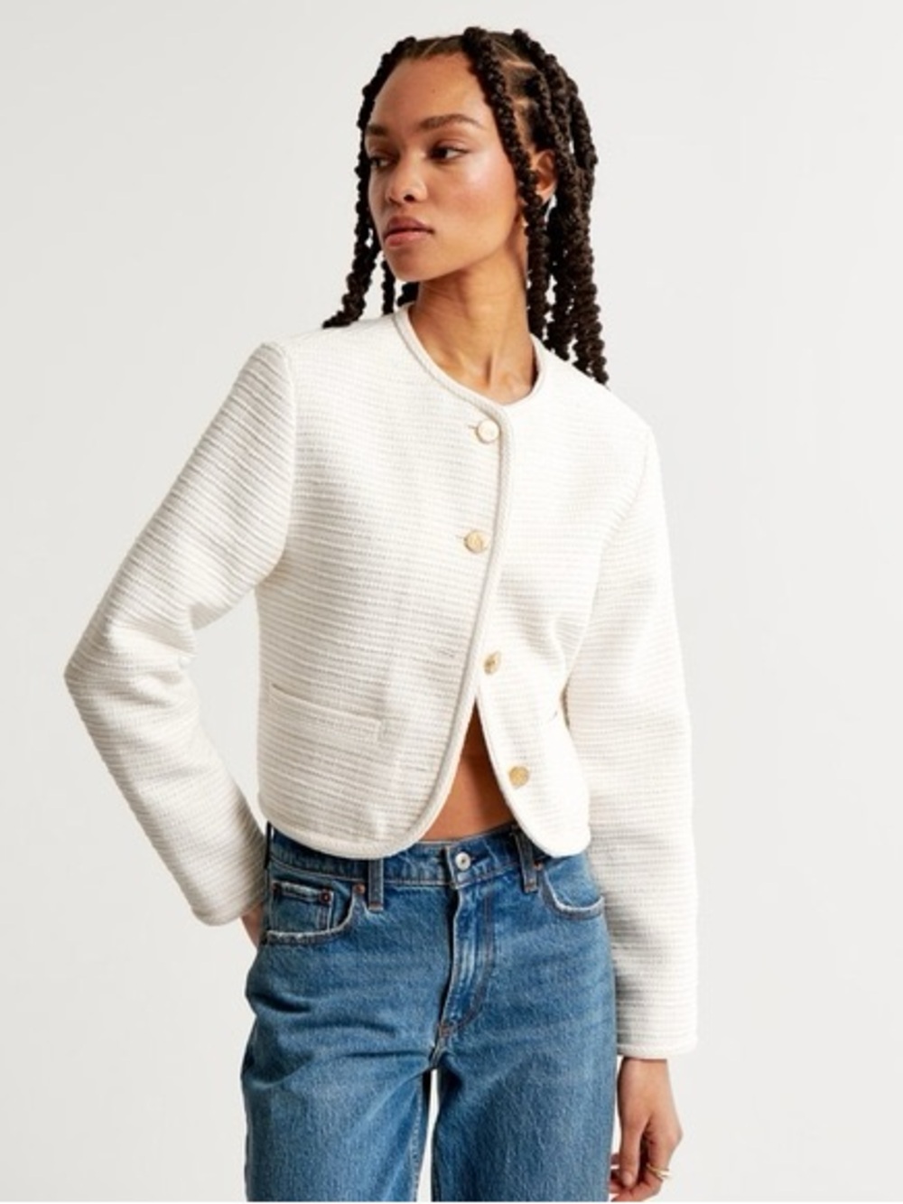 Abercrombie & Fitch Cream Textured Collarless Jacket